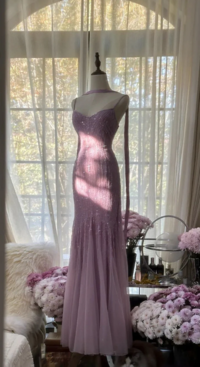 Elegant Spaghetti Strap Purple Tulle Sequin Prom Dress