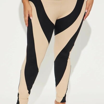 Cream & black colorblock leggings