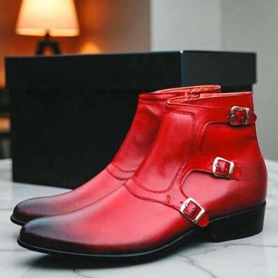 Crafted leather classic red patina leather triple buckle strap jodhpur boot