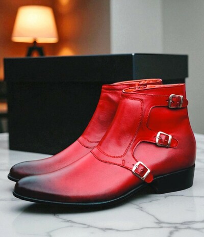 Crafted Leather Classic Red Patina Leather Triple Buckle Strap Jodhpur Boot