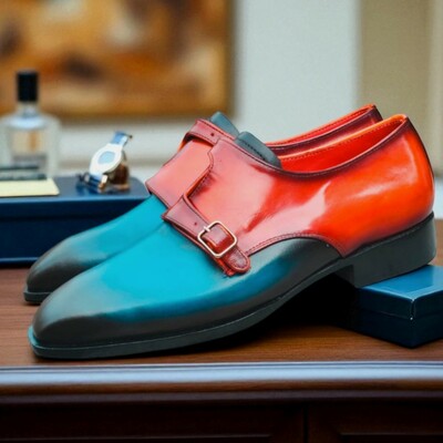 Crafted leather classic blue tan patina leather monk strap dress shoes - Thumbnail 1