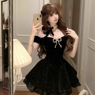 Black velvet short a-line prom party dress - Thumbnail 1