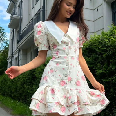  vintage chic floral print puff sleeve ruffled mini dress