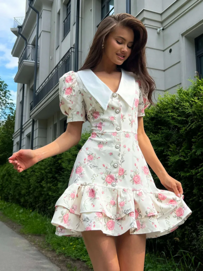  Vintage Chic Floral Print Puff Sleeve Ruffled Mini Dress