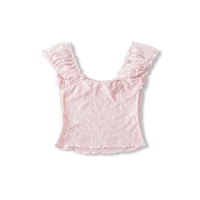 Off-the-shoulder ruffled top with lace jacquard pleated T-shirt - Thumbnail 2