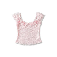 Off-the-shoulder ruffled top with lace jacquard pleated T-shirt - Thumbnail 3