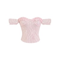 Off-the-shoulder ruffled top with lace jacquard pleated T-shirt - Thumbnail 1