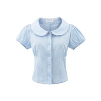 Doll collar shirt solid color age-reducing puff sleeve waist tie short blouse - Thumbnail 1