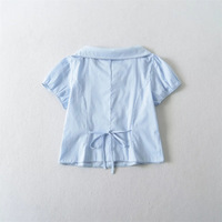 Doll collar shirt solid color age-reducing puff sleeve waist tie short blouse - Thumbnail 2