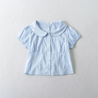 Doll collar shirt solid color age-reducing puff sleeve waist tie short blouse - Thumbnail 3