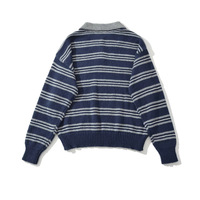 Striped polo collar sweater knitted cardigan women's fashion casual lazy long sleeve pullover top - Thumbnail 2