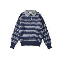 Striped polo collar sweater knitted cardigan women's fashion casual lazy long sleeve pullover top - Thumbnail 3