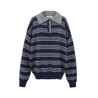 Striped polo collar sweater knitted cardigan women's fashion casual lazy long sleeve pullover top - Thumbnail 1