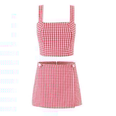 Plaid short skirt culottes square neck sweet plaid camisole set