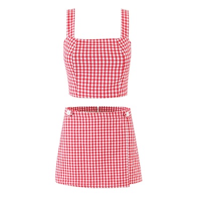 Plaid Short Skirt Culottes Square Neck Sweet Plaid Camisole Set