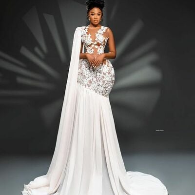 Elegant wedding dress, mermaid lace appliques long sleeve afrcian girls bridal dress bridal gown