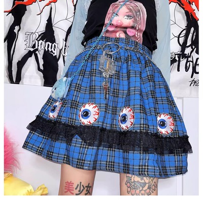 Y2K Eyes Patched Plaid Skirt