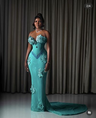 Luxury Blue Sheath Lace Handmade Flowers Floral Prom Dresses Evening Gowns Formal Party Gowns