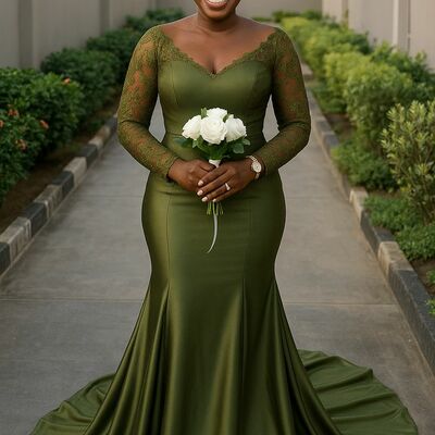 Green mermaid long sleeve african girls lace prom dresses evening gowns formal party gowns