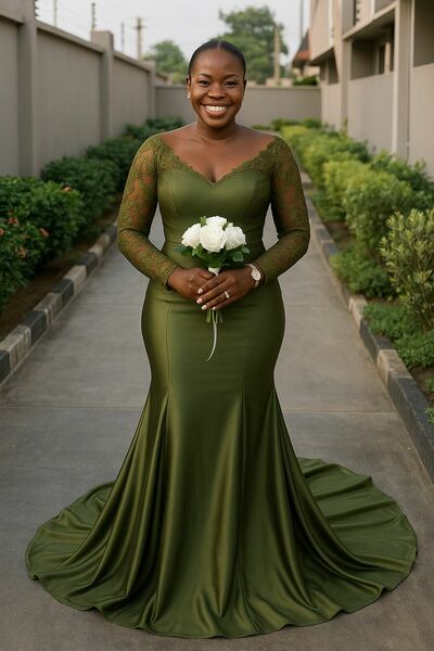 Green Mermaid Long Sleeve African Girls Lace Prom Dresses Evening Gowns Formal Party Gowns