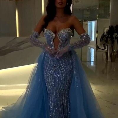 Blue mermaid sequins lace prom dresses evening gowns formal party gowns