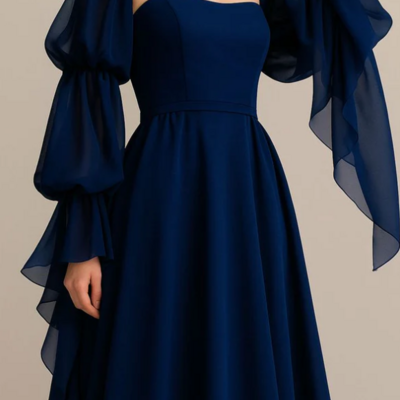 Chic romantic a-line blue prom dresses with long sleeves
