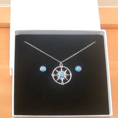 Gift box set/sterling silver blue opal compass necklace/opal necklace/blue opal necklace/opal jewellery/opal jewelry/opal earrings/october birthstone