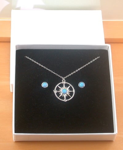 GIFT BOX SET/Sterling Silver Blue Opal Compass Necklace/Opal Necklace/Blue Opal Necklace/Opal Jewellery/Opal Jewelry/Opal Earrings/October Birthstone