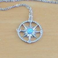 GIFT BOX SET/Sterling Silver Blue Opal Compass Necklace/Opal Necklace/Blue Opal Necklace/Opal Jewellery/Opal Jewelry/Opal Earrings/October Birthstone - Thumbnail 1
