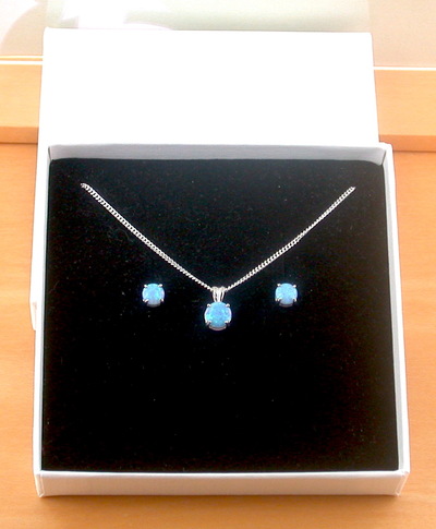 BOXED GIFT SET/Sterling Silver Blue Opal Solitaire Pendant & Chain/Silver Blue Opal Necklace UK/Opal Jewellery/October Birthstone/Opal Earrings