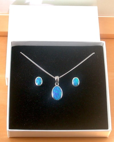BOXED GIFT SET/Sterling Silver Blue Opal Oval Pendant & 18" Chain/Blue Opal Necklace/Blue Opal Jewellery/Blue Opal Jewelry/October Birthstone/UK