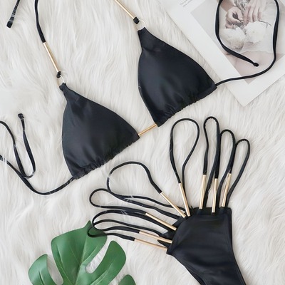 Sexy swimsuit metal accessories bikini solid color high waist strap hollow women's swimsuit