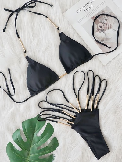 sexy swimsuit metal accessories bikini solid color high waist strap hollow women's swimsuit