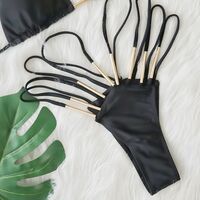 sexy swimsuit metal accessories bikini solid color high waist strap hollow women's swimsuit - Thumbnail 1