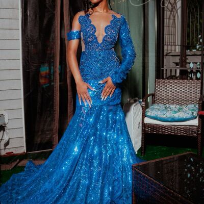Royal blue mermaid plus size african girls sequins  prom dresses evening gowns formal party gowns
