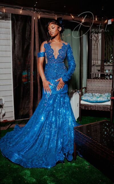 Royal Blue Mermaid Plus Size African Girls Sequins  Prom Dresses Evening Gowns Formal Party Gowns