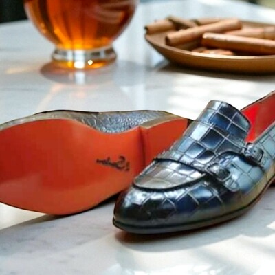 Crafted leather classic blue crocodile/alligator leather double monk strap loafers dress shoes - Thumbnail 2