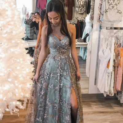 Spaghetti straps floral long evening gowns