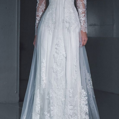 Floor length a line white mermaid lace wedding dresses with long sleeves 