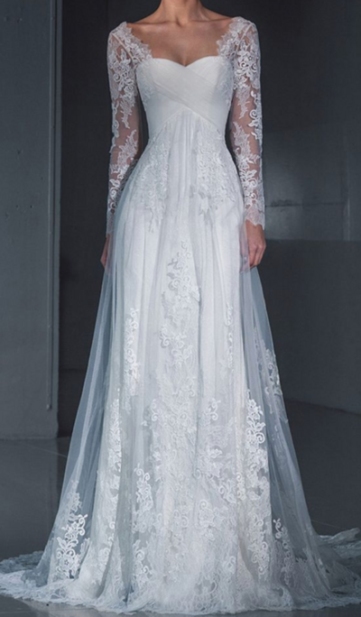 Floor Length A Line White Mermaid Lace Wedding Dresses With Long Sleeves 