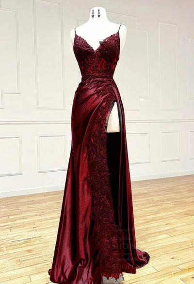 A Line V Neck Wine Red Satin Lace Long Prom Dresses