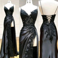 A Line V Neck Wine Red Satin Lace Long Prom Dresses - Thumbnail 1