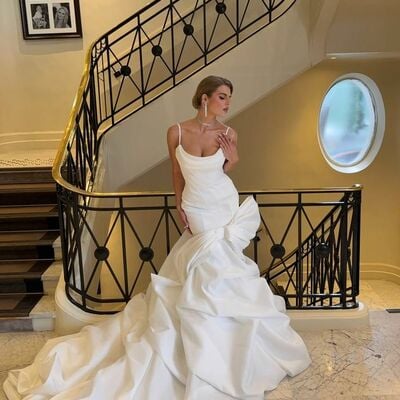 Elegant wedding dress, mermaid satin tiered bridal dress bridal gown