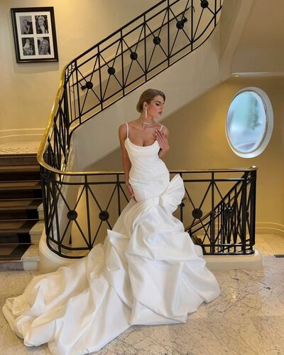 Elegant Wedding Dress, Mermaid Satin Tiered Bridal Dress Bridal Gown