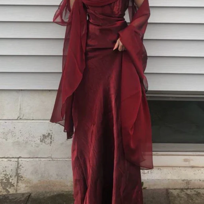 Spaghetti straps burgundy long prom dress for party - Thumbnail 3
