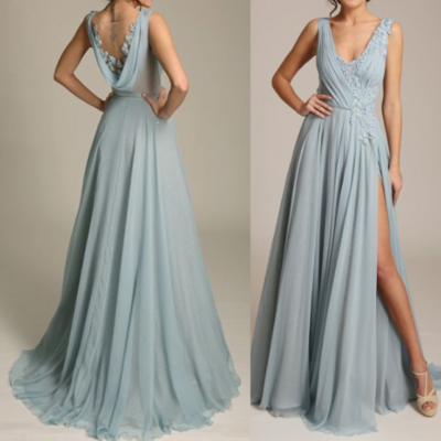 A line dusty blue v neck chiffon evening dress with side split - Thumbnail 1