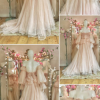 Romantic Mermaid Pink Tulle Ruffles Long Prom Dress with Bubble Sleeves - Thumbnail 1