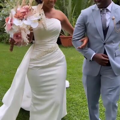 Elegant wedding dress, mermaid strapless pearls african girls bridal dress bridal gown - Thumbnail 1
