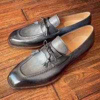 Men's Handcrafted Italian Style Leather Tassel Loafers Gradient Black Slip-On Dress Shoes - Thumbnail 1