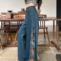 Sexy Side Hollow Out Floral Baggy Jeans - Thumbnail 3